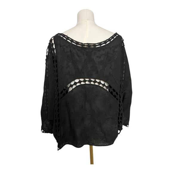 Womens Black Boho Cutout Top Floral Batwing Laser cut OS Tie Front Witchy - Picture 11 of 11